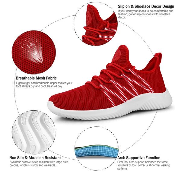 FEETHIT Women's Classic Walking Sneaker: Breathable, Lightweight, Red, SZ 11/ 42 - Picture 4 of 7